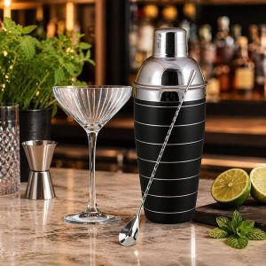 Symétrie Martini Glass & Black Cocktail Shaker Set (6-Piece)